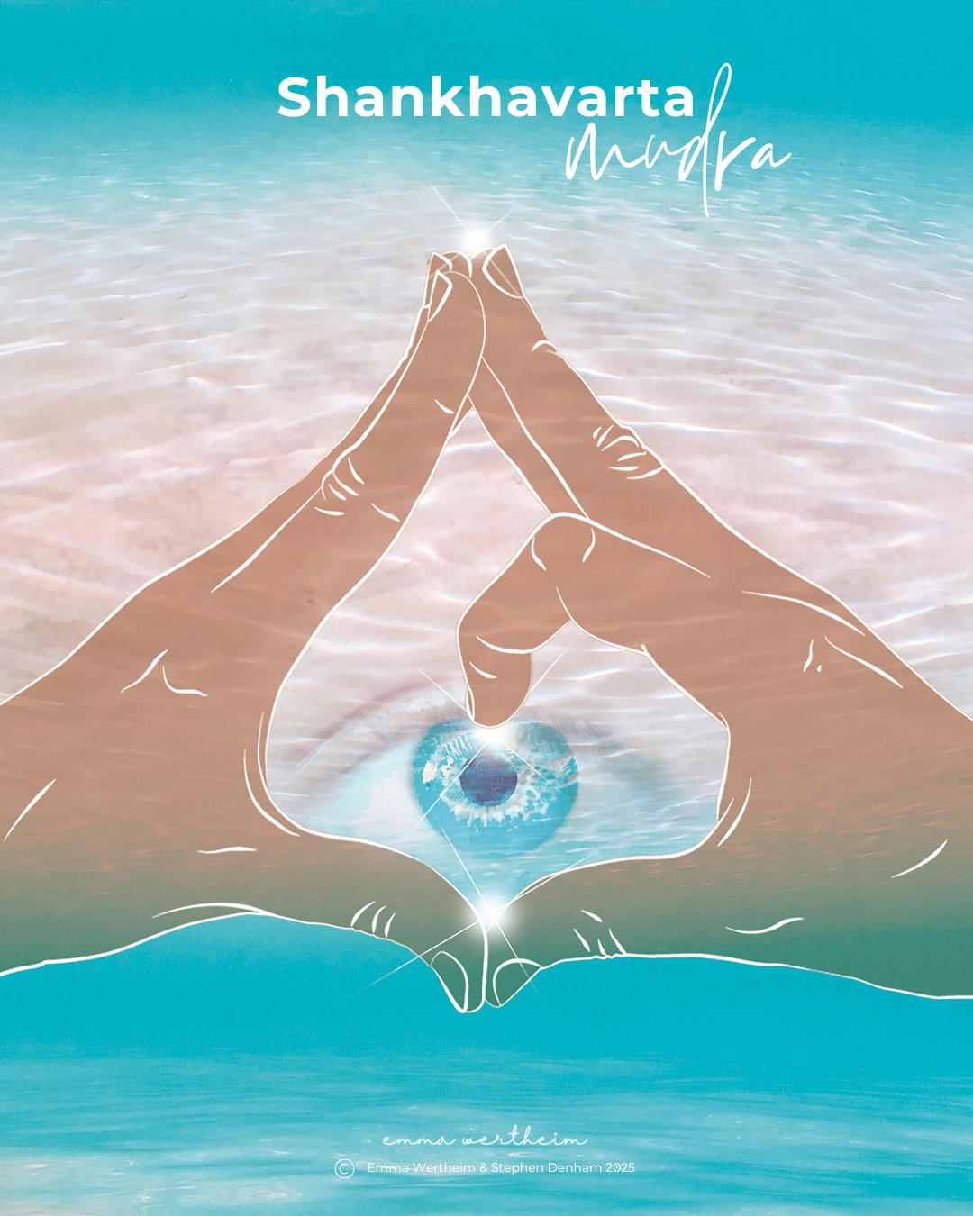 Shankhavarta Mudra artwork from Yoga Mudra Oracle. The Mudra performed with an 'all seeing' eye in the background.